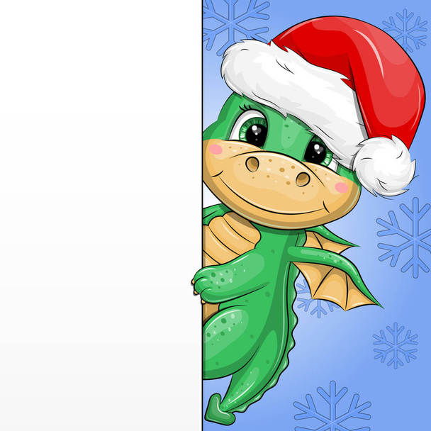 Bandiera con un simpatico drago verde cartone animato in un cappello di Babbo Natale su uno sfondo blu con fiocchi di neve. Illustrazione vettoriale di Natale con un animale che mostra qualcosa. - Vettoriali, immagini