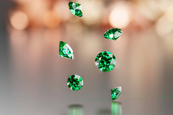 Зелений смарагдовий камінь кришталева алмазна група падає фоновий м'який фокус з легким боке 3d рендерингом
 - Фото, зображення