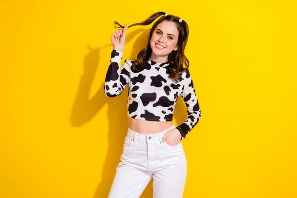 Photo of good mood gorgeous girl with curly hairdo dressed cow long sleeve arm in pocket hold curl isolated on yellow color background. - Foto, Imagem