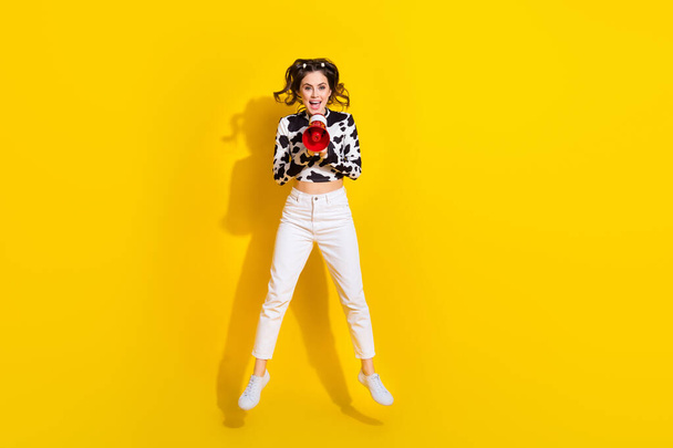 Full length photo of impressed funny lady dressed cowskin shirt jumping high shouting bullhorn isolated yellow color background. - Foto, afbeelding