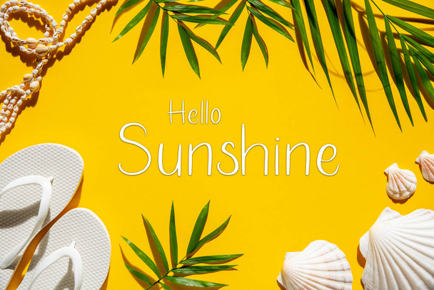 Flat Lay With English Text Hello Sunshine. Yellow Background With Summer And Maritime Accessories Like Shells, Palm Leafs And Flip-Flops. - Photo, Image