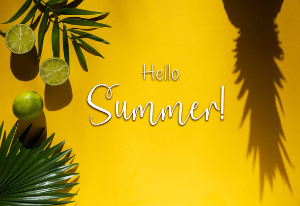 Yellow Flat Lay With English Text Hello Summer. Yellow Summer Background With Tropical Fruits Like Lemon, Pineapple Shadow And Palm Leaf. - Photo, Image