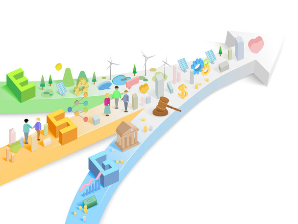 Small Pieces 5 ESG mit kombinierten Farbpfeilen und einigen Elementen der ökologischen Sozialpolitik Vektor Illustration Grafik EPS 10 - Vektor, Bild