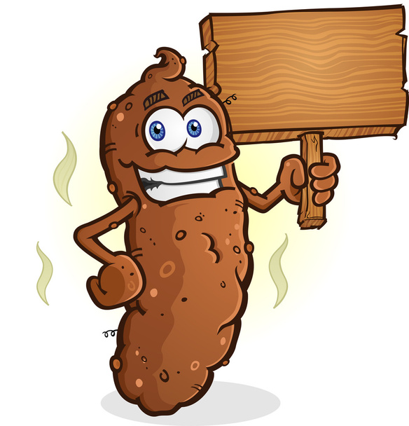 Caráter de desenhos animados de cocô segurando um sinal de madeira em branco
 - Vetor, Imagem