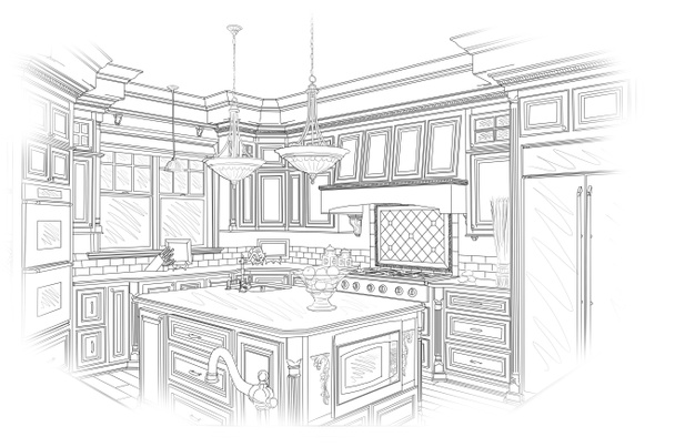 Zwarte aangepaste keuken ontwerp tekening op wit - Foto, afbeelding