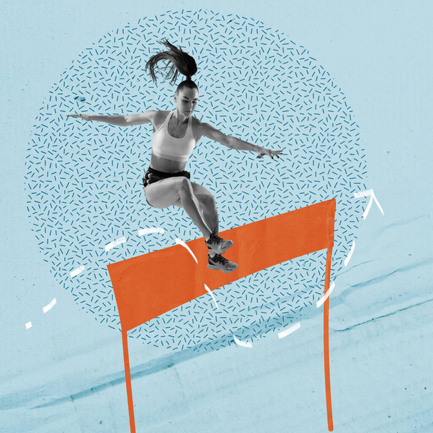 Young athletic girl during competition, jumping over barrier. Strength and speed. Contemporary art collage. Healthy sportive body. Concept of sport, lifestyle, creativity, inspiration, retro style - Foto, immagini