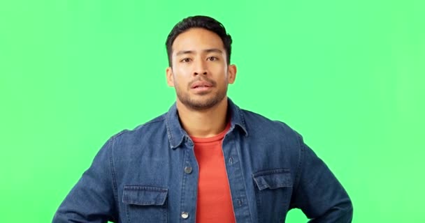 Man, face and shaking head with green screen feeling upset and frustrated from problem and issue. No, serious and male model with isolated studio background with negative decision and choice. - Video