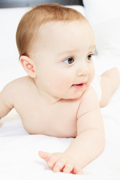 A Baby boy playing on the parent bed - Foto, immagini