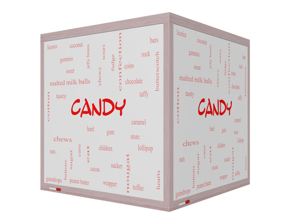 Concepto de Candy Word Cloud en una pizarra 3D
 - Foto, imagen