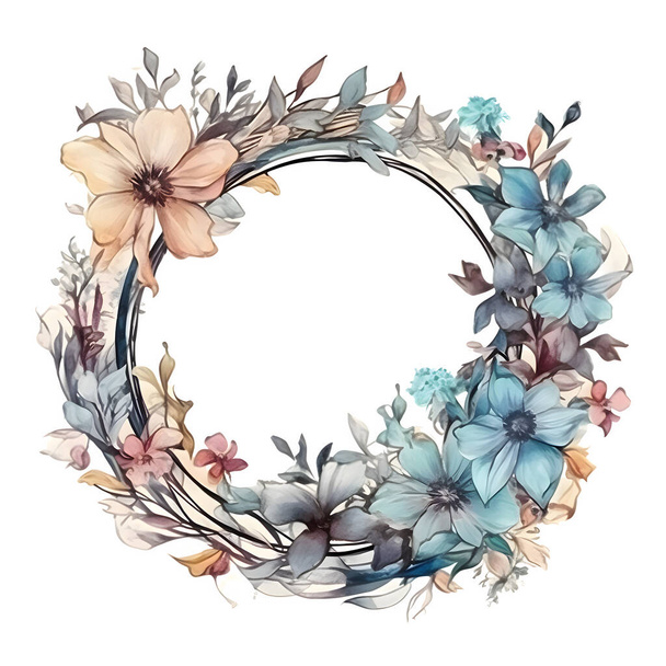 Soft watercolor floral wreath with pastel pink and blue blooms White Background - Zdjęcie, obraz