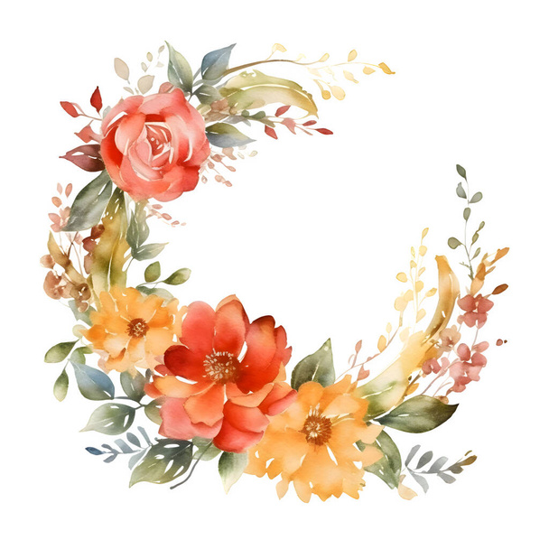 Colorful Watercolor Floral Border with Blooming Flowers and Leaves. Perfect for Birthday Invitations. White Background - 写真・画像