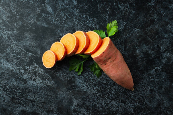 Concept of vegetables, sweet potato, top view - Foto, Imagem