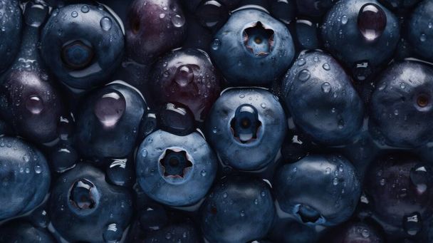 fresh blueberrie fruits, visible drops of water, overhead angle - Foto, afbeelding