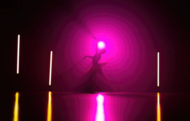 Beautiful silhouette of ballerina on pink background dancing ballet. Woman performs smooth movements. Sensual dancer in tutu dress on scene under neon light. - Φωτογραφία, εικόνα