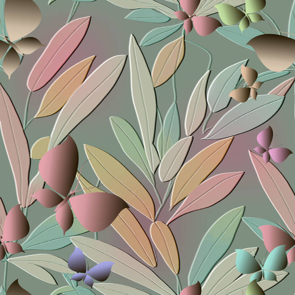 Emboss floral 3d seamless pattern with butterflies. Tropical exotic flowers, leaves. Textured vector colorful background. Repeat relief backdrop. Surface floral tropic drawing ornament. Grunge texture - ベクター画像
