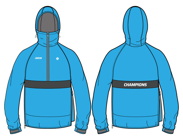 Long sleeve Cagoule Shell Hoodie jacket design flat sketch Illustration, Hooded weather jacket with front and back view, winter jacket for Men and women. for hiker, outerwear and workout in winter - Vector, Image