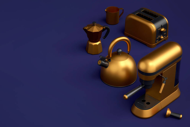 Kettle, toaster, coffee machine horn and geyser coffee maker on blue background. 3d render kitchen appliances making breakfast with latte coffee - Photo, Image