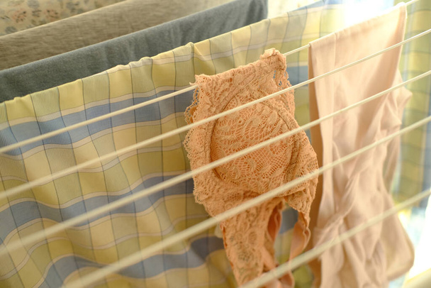 close-up of wet laundry hanging and drying on a wire room dryer, home chores concept, gentle hand washing of lacy underwear, homework, selective focus at shallow depth of field - Foto, Imagem