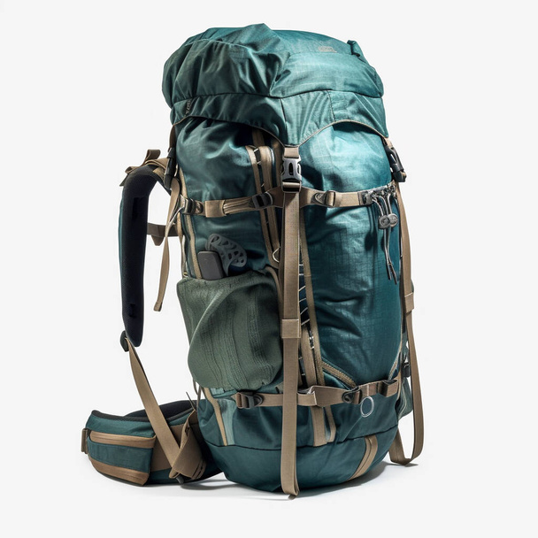 白い背景に隔離された中型ハイキングバッグの3Dイラスト。このタイプのバッグは通常、ハイカーや登山家によって使用されます。耐久性のある材料を使用し、いくつかは防水. - 写真・画像