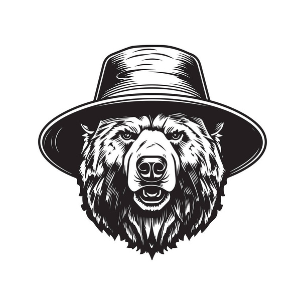 bear wearing bucket hat, vintage logo concept black and white color, hand drawn illustration - Vector, Image