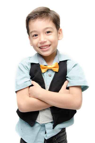Little boy in suit holding blackboard on white background - Photo, Image