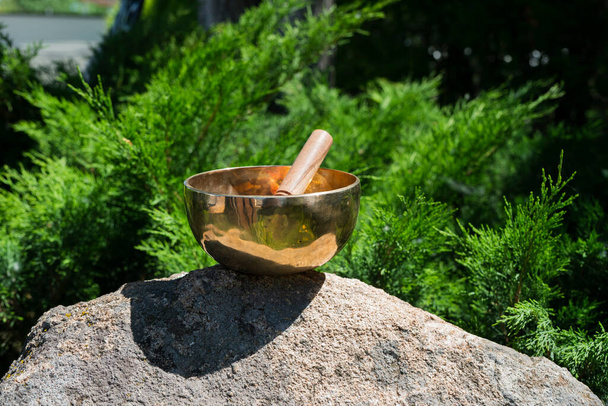 Тибетський спів чаші на камені на тлі зелені. Фотографія високої якості - Фото, зображення