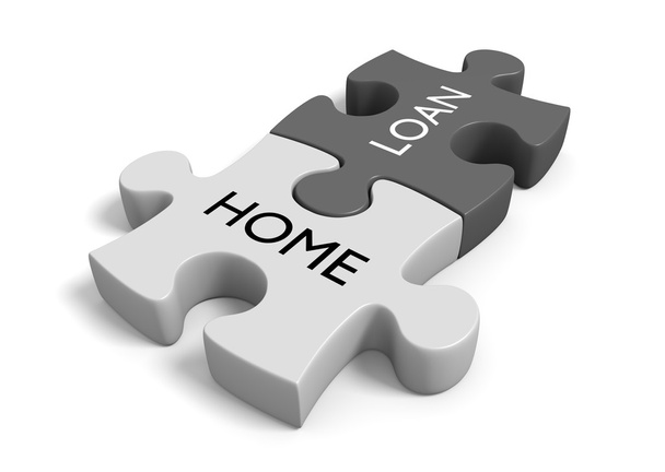 家の所有権と資金調達の概念 2 つのパズルのピースは、一緒に言葉住宅ローン リンク - 写真・画像