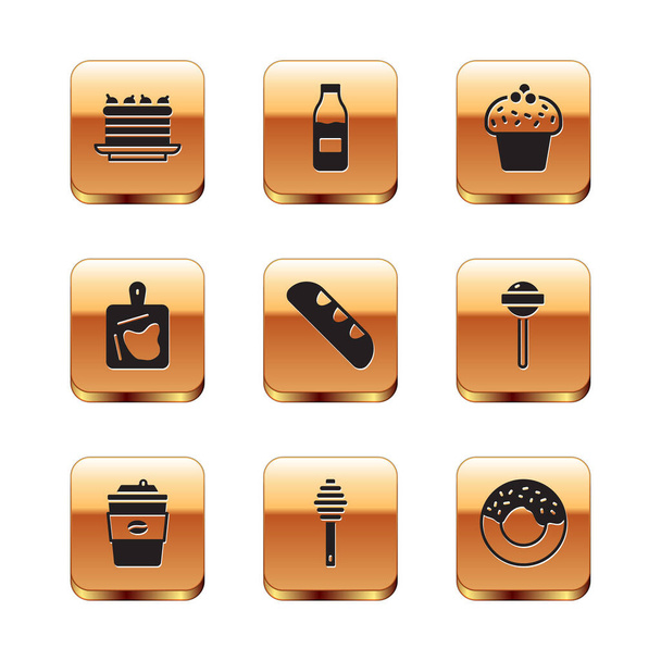 Set Pastel, taza de café para llevar, palo de miel, pan baguette francés, tabla de cortar, rosquilla y botella con icono de la leche. Vector - Vector, imagen