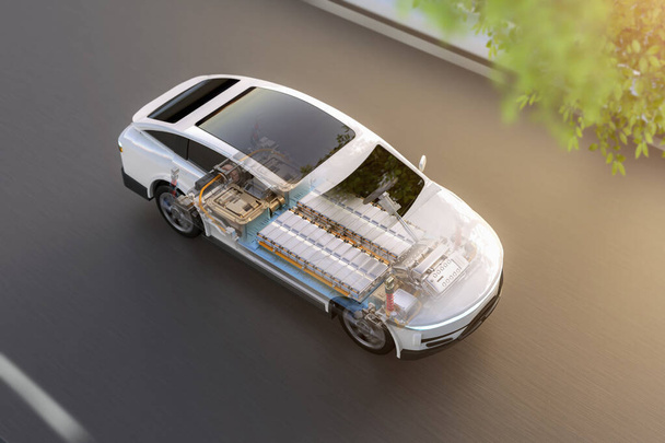 道路上の電池モジュールのパックと3Dレンダリングev車または電気自動車 - 写真・画像