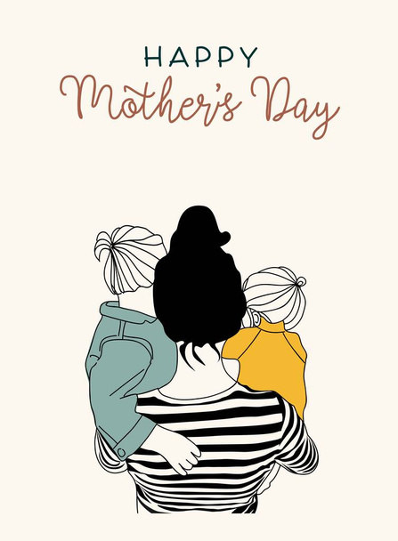 Happy Mother day greeting card template. Mom holiday postcard design, background with mother holding two babies and hand lettering text phrase. Cartoon outline colorful vector illustration. - Vector, Image