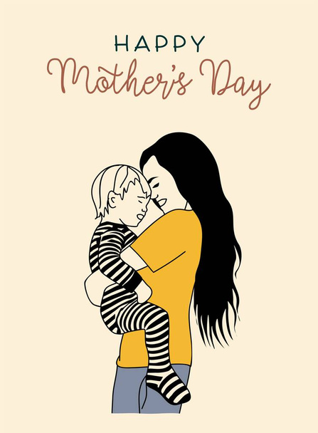 Happy Mother Day onnittelukortin malli. Äiti loma postikortti suunnittelu, tausta äidin tilalla vauva ja käsin kirjoitus tekstilause. Sarjakuva ääriviivat värikäs vektori kuva. - Vektori, kuva