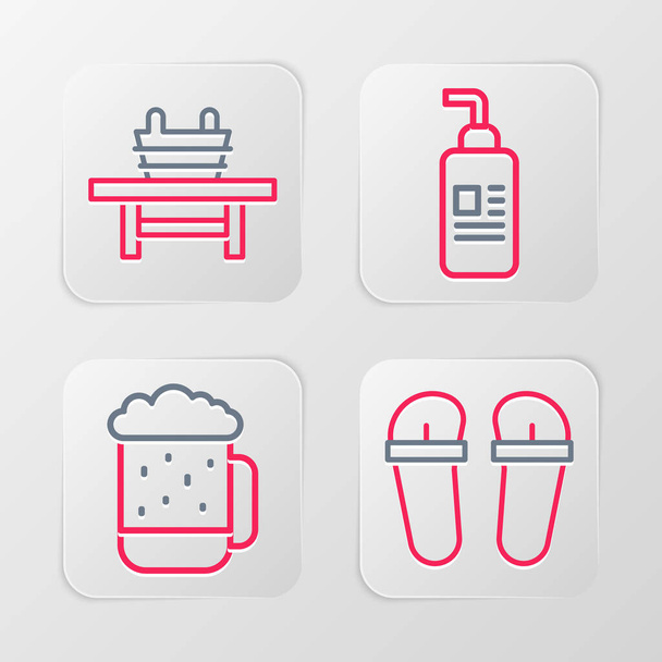 Set line Flip flops, Wooden beer mug, Cream or lotion cosmetic tube and Sauna bench with bucket icon. Vector - Vector, Image