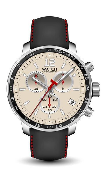 Realistic watch clock chronograph silver leather strap black red arrow on white design classic luxury vector - Vector, Image
