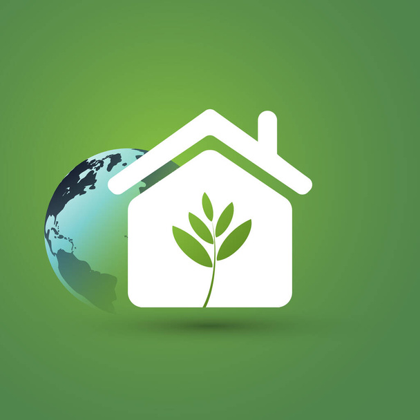 Eco House, Smart Home Concept Design - Piktogram, Symbol, Ikona domu z liśćmi i Ziemia Globus na zielonym tle - Ilustracja w edytowalnym formacie wektora - Wektor, obraz