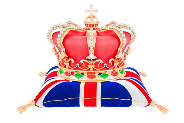 英国の旗と枕の上にロイヤルゴールデンクラウン。戴冠式のコンセプト、白い背景に隔離された3Dレンダリング - 写真・画像
