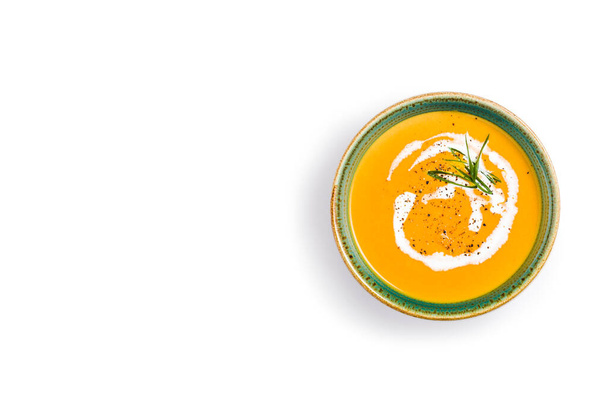 Pumpkin soup isolated on white background. Top view. Copy space. - Photo, Image