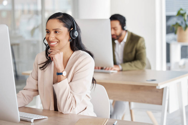 Call center, woman and team consulting for crm, telemarketing and customer service with a smile. Happy, workforce and lady consultant in office for online help, support, faq or contact us for advice. - Foto, Imagen