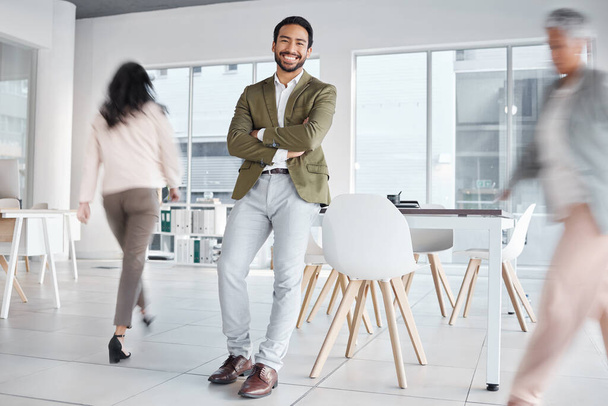 Busy office, portrait and proud man with business leadership, employee management and workspace confidence. Happy professional worker, manager or asian person arms crossed in startup job or career. - Photo, image