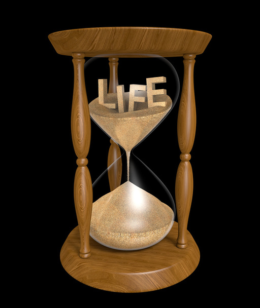 Ikääntyminen ja pitkäikäisyys käsite hiekkaa tiimalasissa sana LIFE sisällä
 - Valokuva, kuva