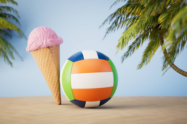 Ice cream and ball on beach with sand and palms. summer time. 3d render. - Photo, Image
