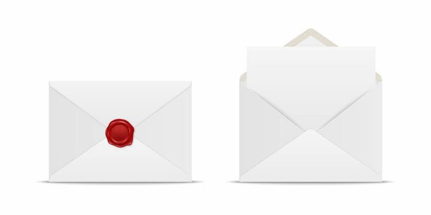 Vector Realistic White Closed Envelope with Red Wax Seal and Opened Envelope with Letter Inside. Folded and Unfolded White Envelope Icon Set Isolated. Message, Alert, Surprise, Secret Concept. - Vector, afbeelding