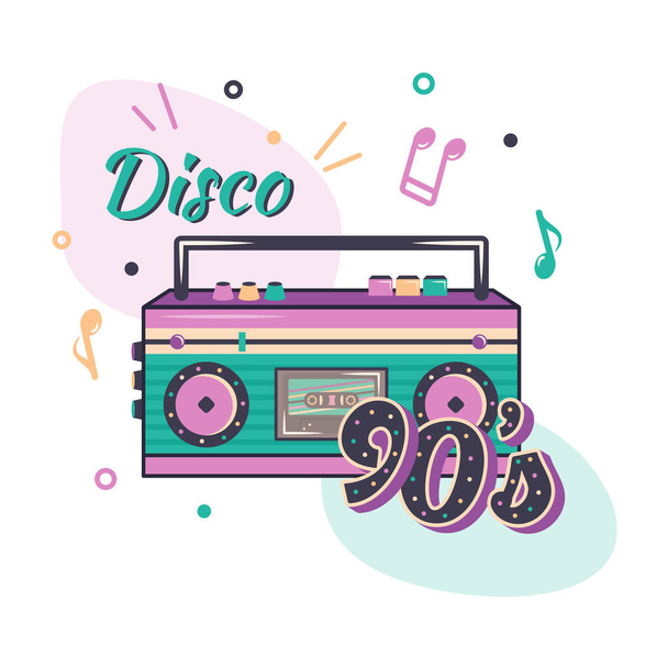 Pink music player with color light loudspeakers and cassette. Clipart of retro tape recorder, notes, text disco 90s. Vector cartoon flat illustration for banner, poster, cover - Vektor, Bild