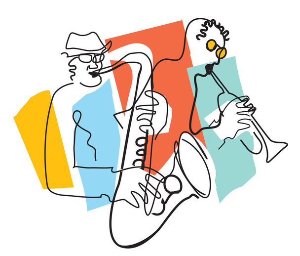 Джазова тема, трубач і саксофоніст, лінійний художній стиль. Експресивна ілюстрація двох джазових музикантів, безперервний дизайн лінії малювання. Ізольовані на білому тлі. Вектор доступний
. - Вектор, зображення