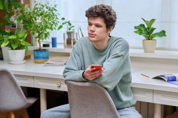自宅の窓の近くの椅子に座っているスマートフォンを使用してハンサムな若い男。男性は屋内で電話でテキストメッセージを送る。モバイルアプリケーション、レジャー学習チャットのためのインターネットオンライン技術 - 写真・画像