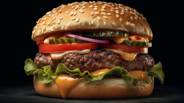 гамбургер з яловичиною, помідорами та салатом на чорному тлі
 - Фото, зображення