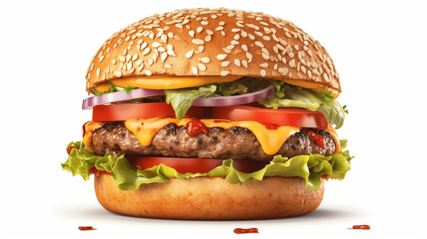 гамбургер с говядиной, помидорами, луком и сыром. изолированные на белом фоне. - Фото, изображение