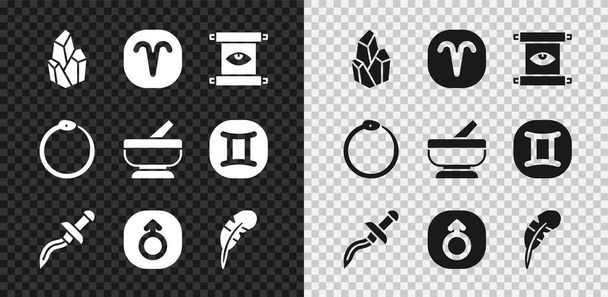 Set Magic stone, Ram zodiak, Ancient magic scroll, Dagger, Mars, Feather pen, Ouroboros en Mortel en stamper icoon. Vector - Vector, afbeelding