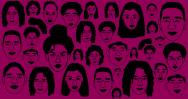 Black History Maand concept. Portretten van abstracte mensen verschijnen op roze, paarse en gele achtergrond. 4k resolutie verschillende mensen geconfronteerd met animatie. - Video