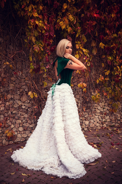 Uma mulher como uma princesa em um vestido vintage no parque de fadas
 - Foto, Imagem