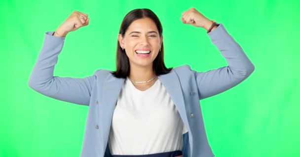 Business woman, strong muscles and green screen with smile on face for success, celebration and motivation. Businesswoman, bicep arms and mock up portrait for corporate goals by studio background. - Footage, Video
